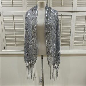 New Simonetta Silver Sequin Fringe Shawl/ Scarf